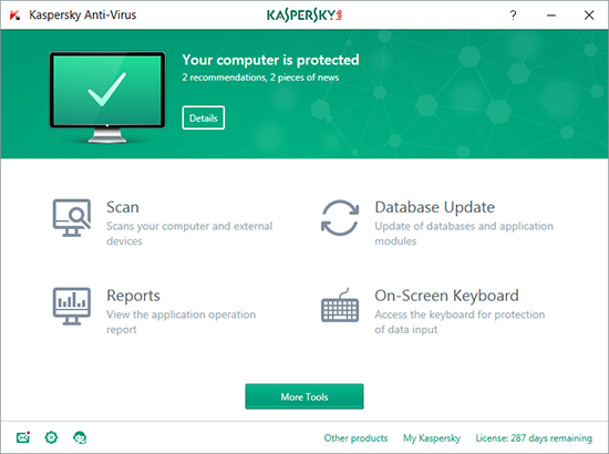 Finestra Home Antivirus Kaspersky